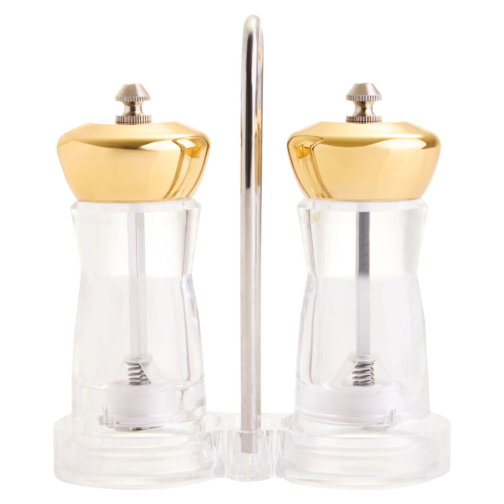 Orsina Cody Gold Salt and Pepper Mill Set with Stand | Clear & Gold