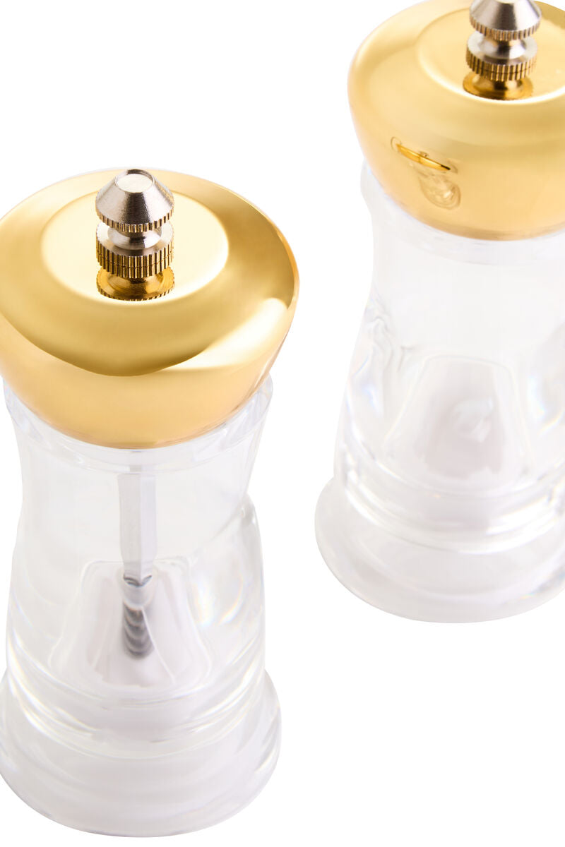 Orsina Cody Gold Salt and Pepper Mill Set with Stand | Clear & Gold