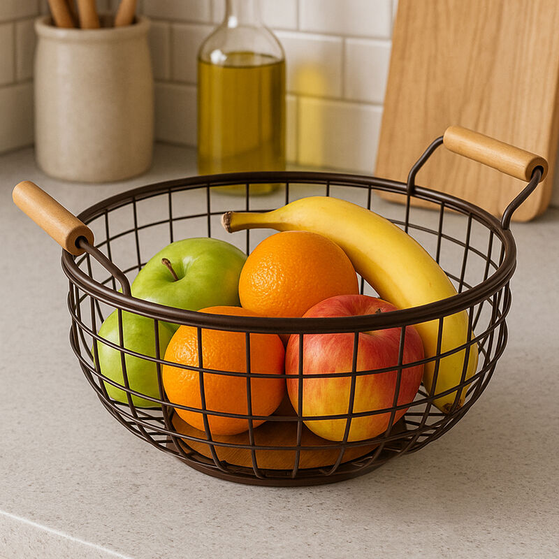 Orsina Vertex Fruit Basket – Bronze Powder Coated Steel with Wood Handles