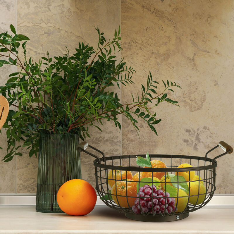Orsina Vertex Fruit Basket – Bronze Powder Coated Steel with Wood Handles