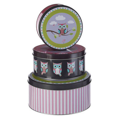 Orsina Happy Owls Storage Tins – Set of 3 Graduated Metal Organizers