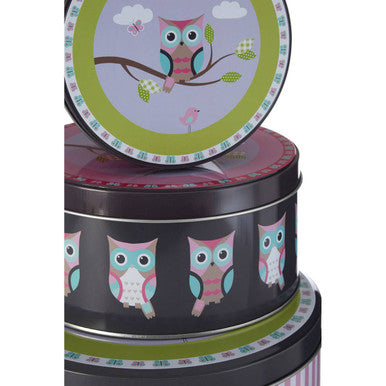 Orsina Happy Owls Storage Tins – Set of 3 Graduated Metal Organizers
