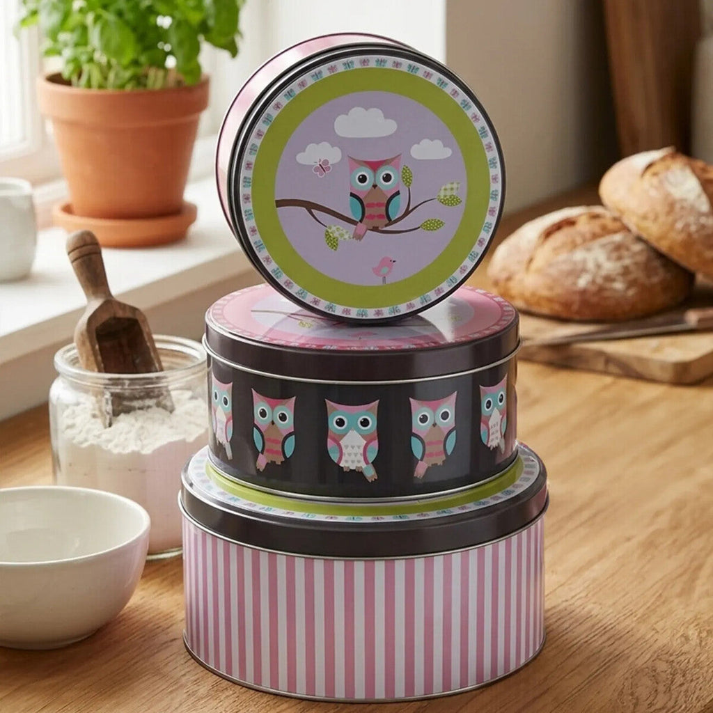 Orsina Happy Owls Storage Tins – Set of 3 Graduated Metal Organizers