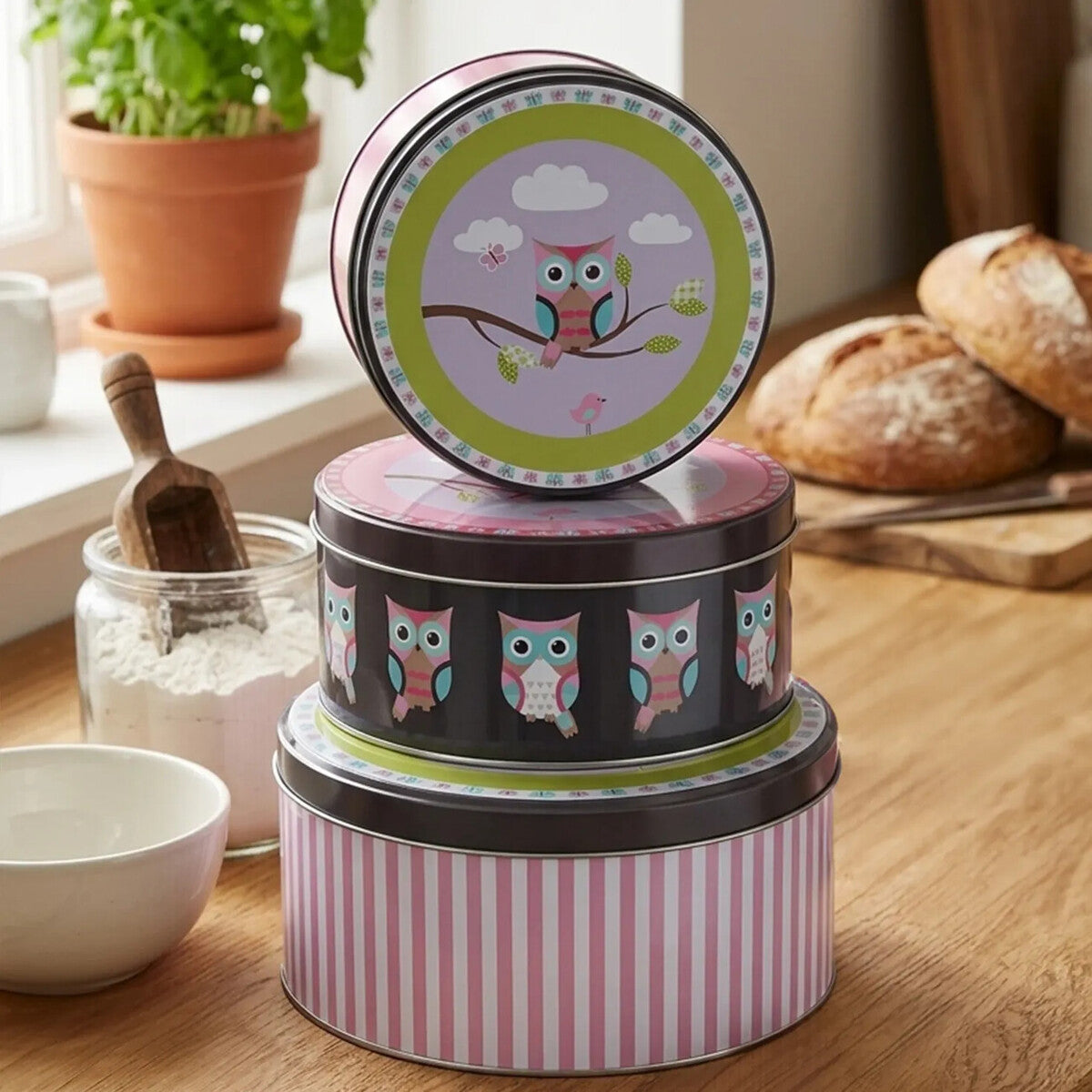 Orsina Happy Owls Storage Tins – Set of 3 Graduated Metal Organizers