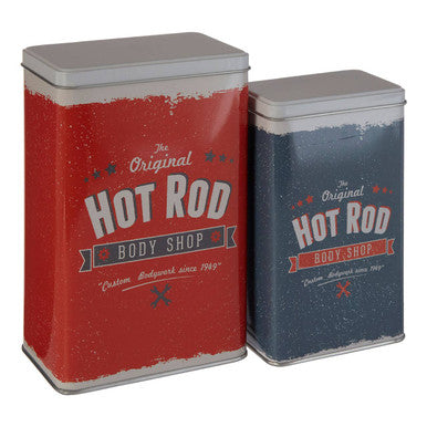 Orsina Paice Hot Rod Storage Canisters – Retro Metal Garage Decor (Set of 2)