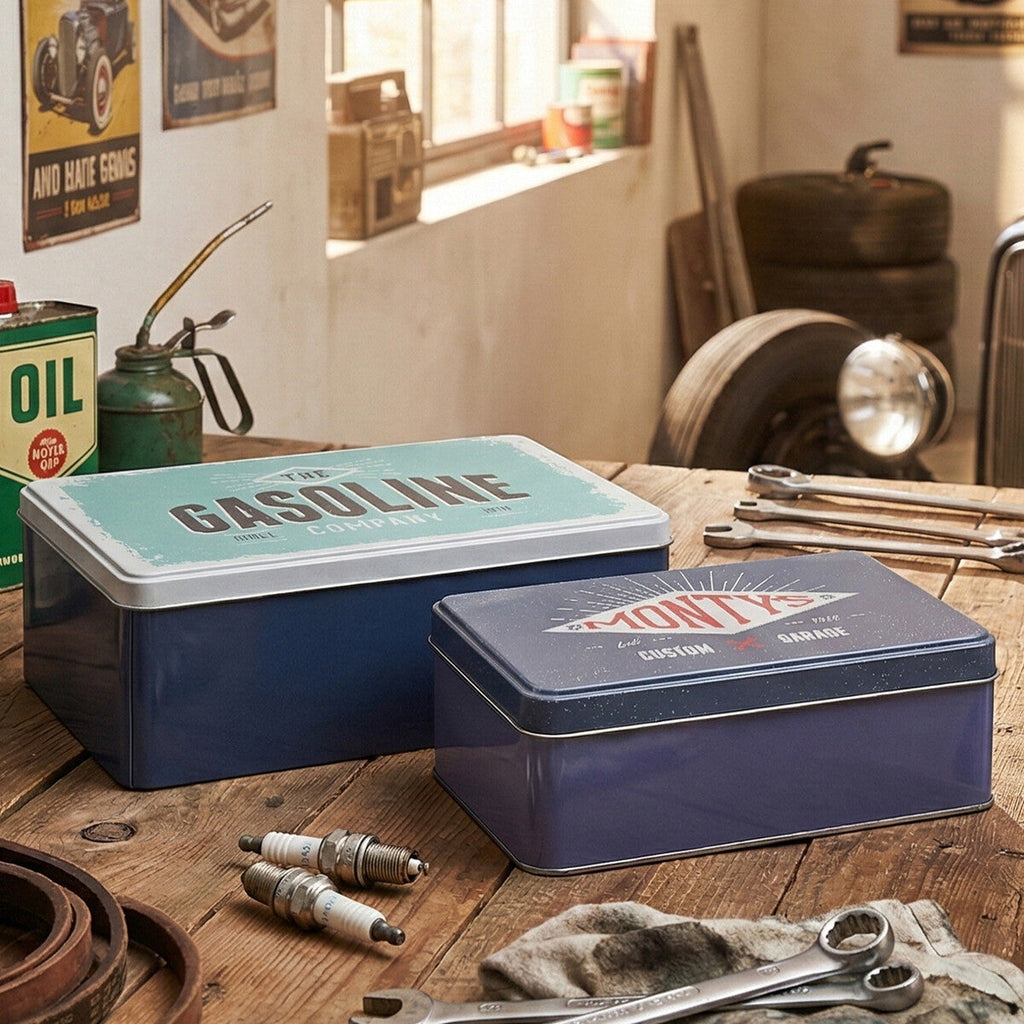Orsina Hot Rod Storage Tins – Set of 2 Retro Industrial Metal Boxes