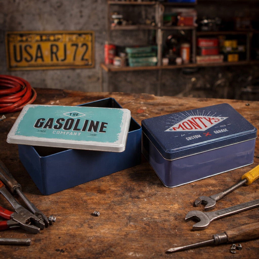 Orsina Hot Rod Storage Tins – Set of 2 Retro Industrial Metal Boxes