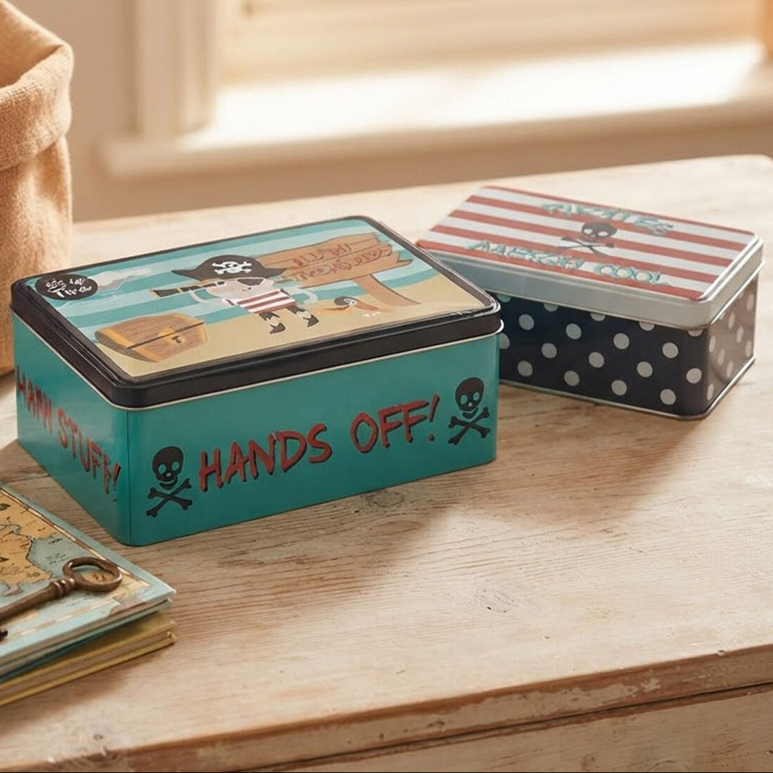 Orsina Pirate Storage Tins – Set of 2 Nesting Metal Kids Toy Bins