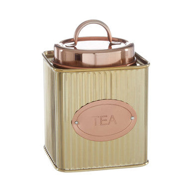 Orsina Prescott Square Tea Canister – Ribbed Gold Tone Storage