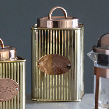 Orsina Prescott Square Biscuits Canister – Gold Ribbed Kitchen Storage