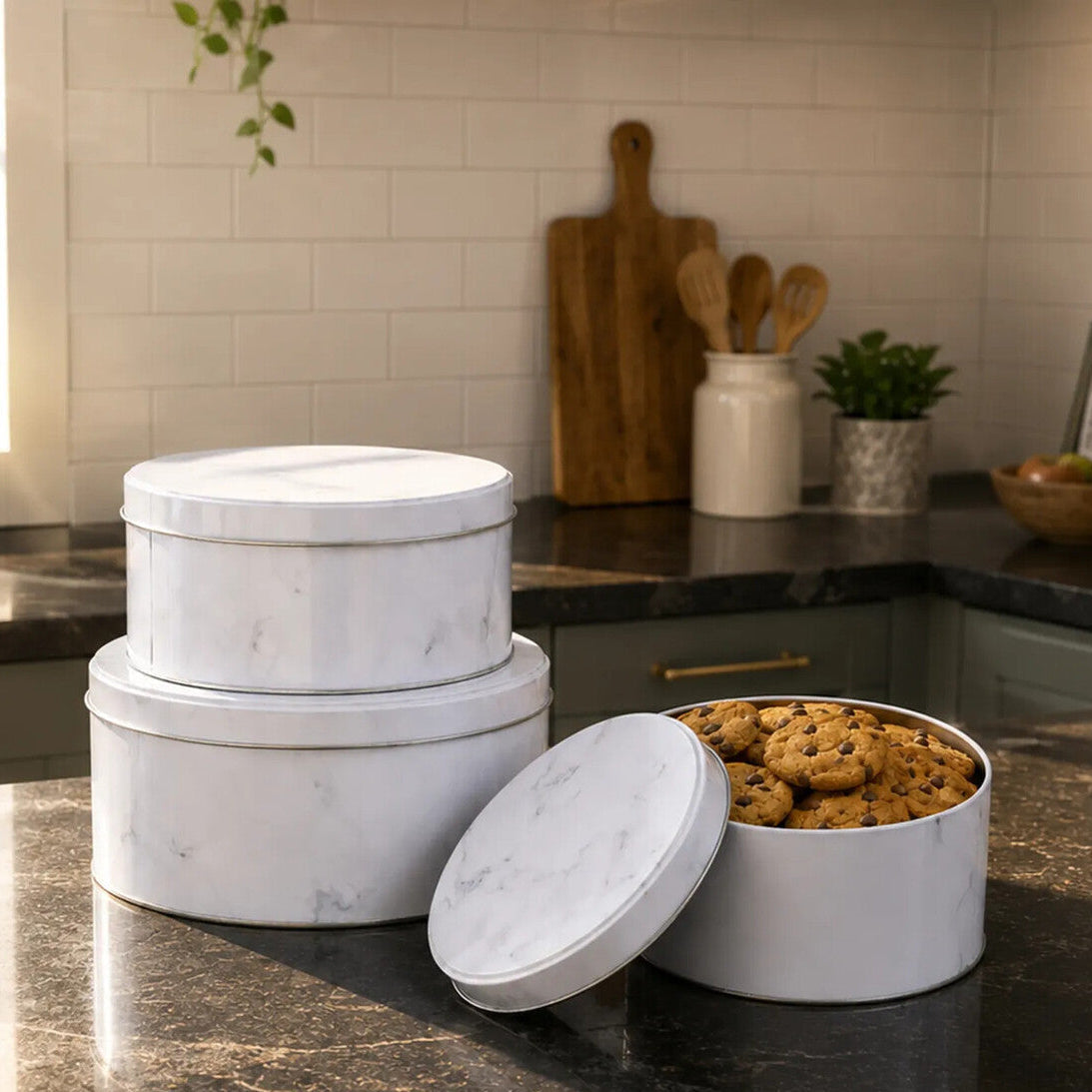 Orsina White Marble Effect Storage Tins | Set of 3 Kitchen Canisters