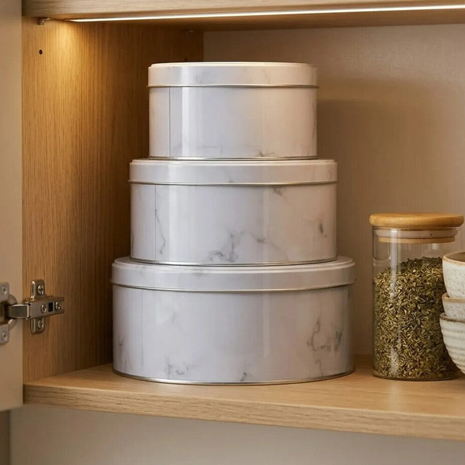 Orsina White Marble Effect Storage Tins | Set of 3 Kitchen Canisters