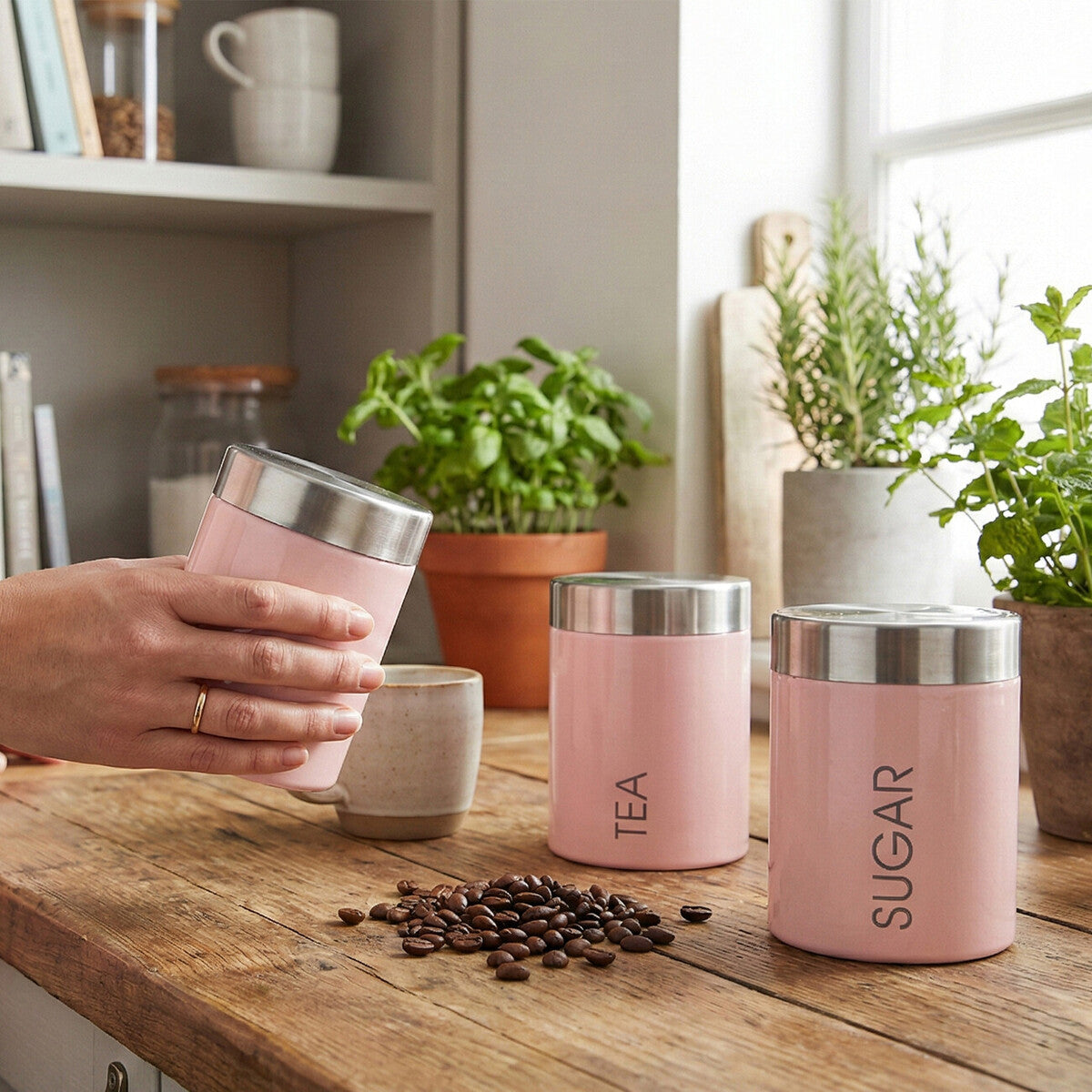 Orsina Liberty Light Pink Enamel Canisters – Kitchen Storage Set
