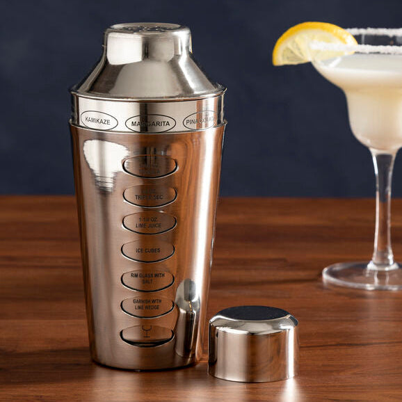 Orsina Silver Cocktail Shaker with 9 Etched Recipes | Stainless Barware