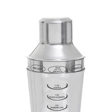 Orsina Silver Cocktail Shaker with 9 Etched Recipes | Stainless Barware