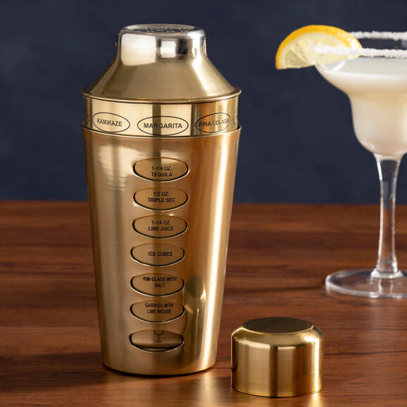 Orsina Brushed Brass Cocktail Shaker with Etched Recipe Guides
