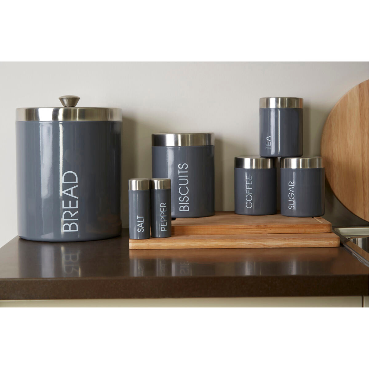 Orsina Grey Enamel Kitchen Canisters – Set of 3 Tea Coffee Sugar Jars