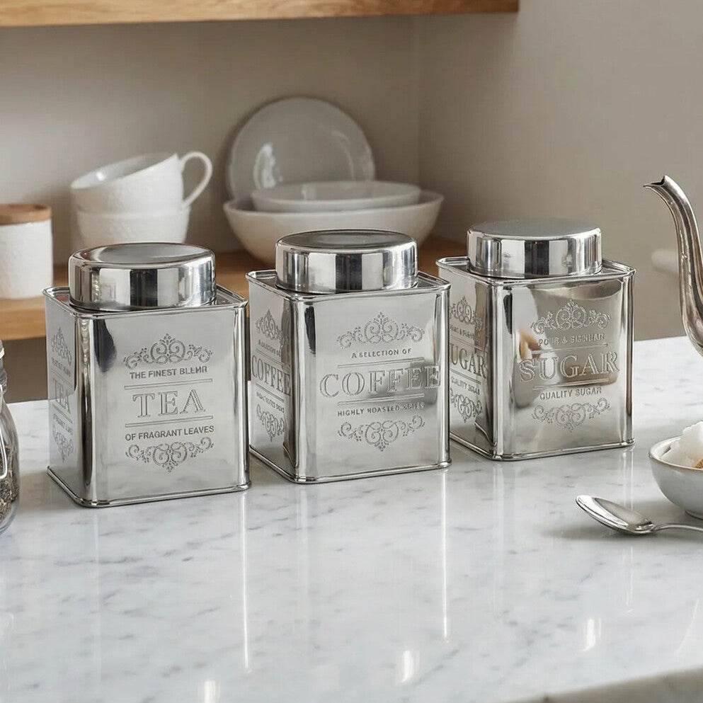 Orsina Stainless Steel Tea Coffee and Sugar Set – 3 Piece Canister Trio