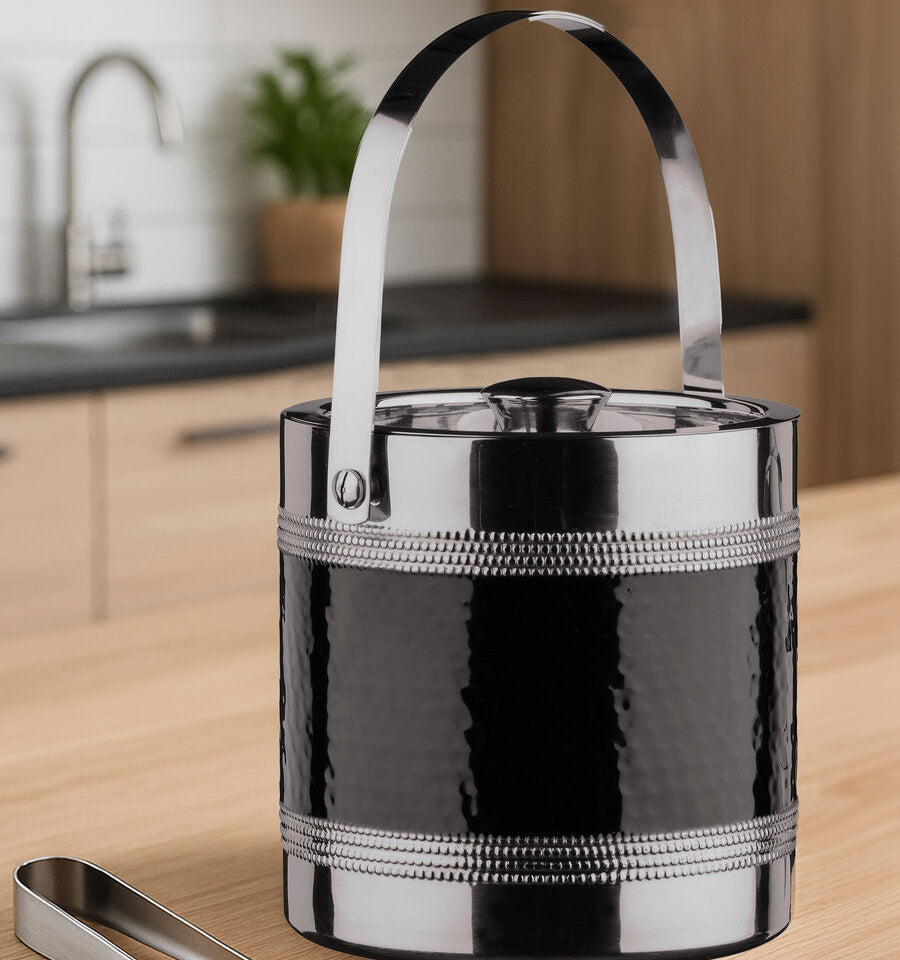 Orsina Black Ice Bucket with Tongs | Insulated Hammered Barware
