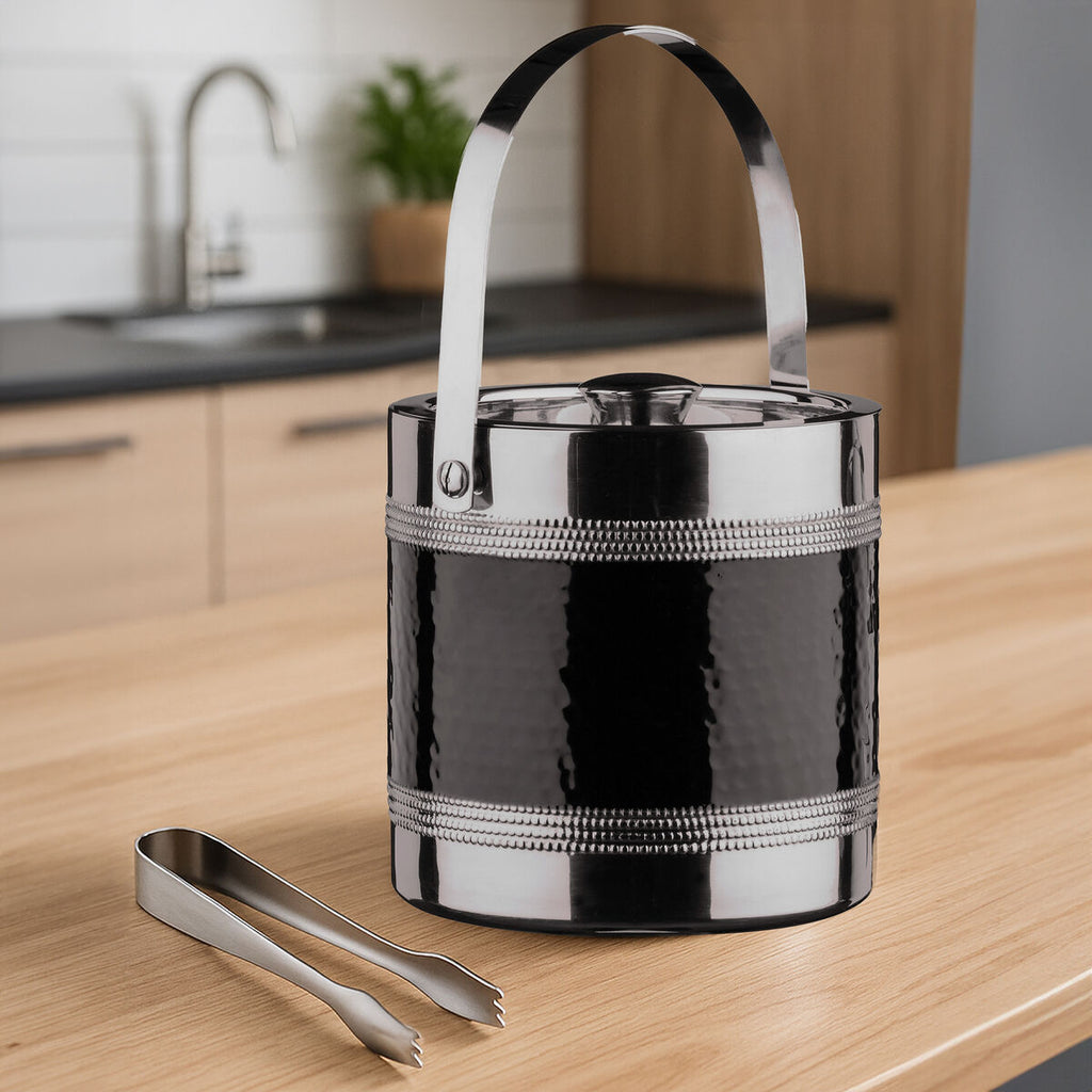 Orsina Black Ice Bucket with Tongs | Insulated Hammered Barware