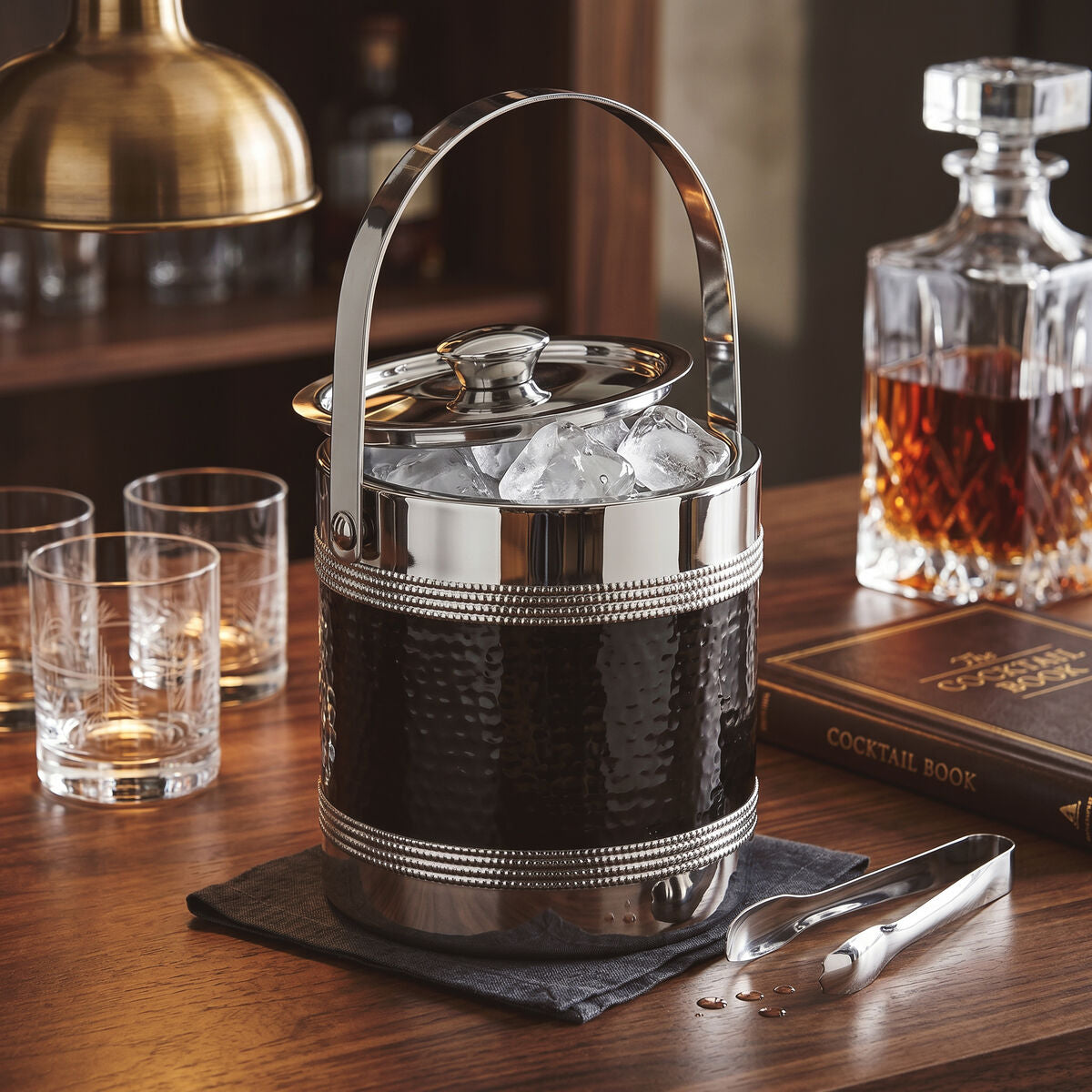 Orsina Black Ice Bucket with Tongs | Insulated Hammered Barware