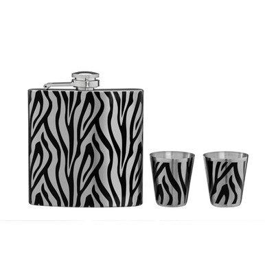 Orsina Zebra Print Hip Flask and Shot Glasses Set – 6oz Gift Set