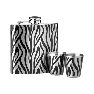 Orsina Zebra Print Hip Flask and Shot Glasses Set – 6oz Gift Set