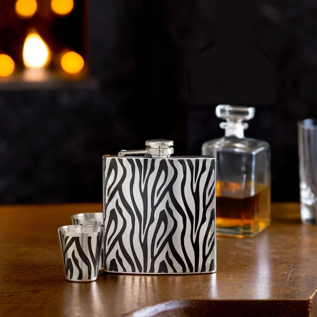 Orsina Zebra Print Hip Flask and Shot Glasses Set – 6oz Gift Set