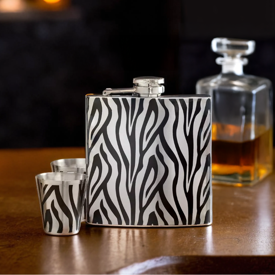 Orsina Zebra Print Hip Flask and Shot Glasses Set – 6oz Gift Set