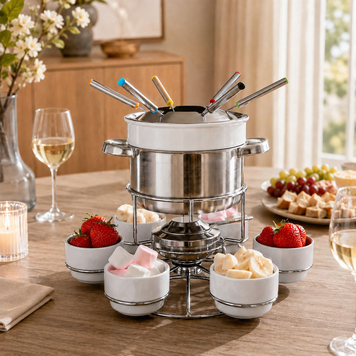 Orsina Freya Stainless Steel Fondue Set with Rotating Stand & Bowls