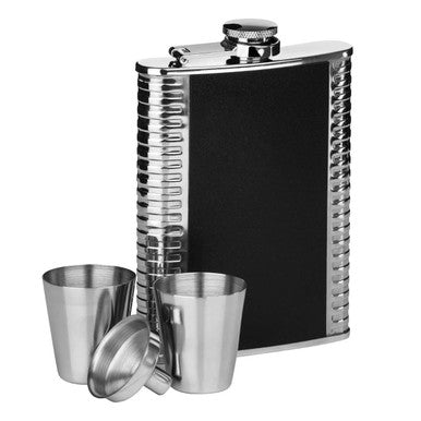 Orsina Auden Ribbed Stainless Steel Hip Flask Set – 8oz Textured Barware