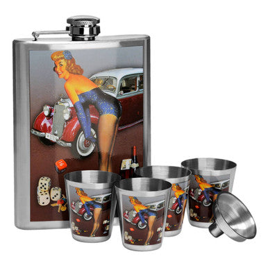 Orsina Pinup Hip Flask Set – 8oz Stainless Steel with 4 Cups & Funnel