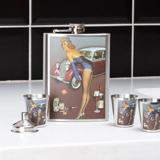 Orsina Pinup Hip Flask Set – 8oz Stainless Steel with 4 Cups & Funnel