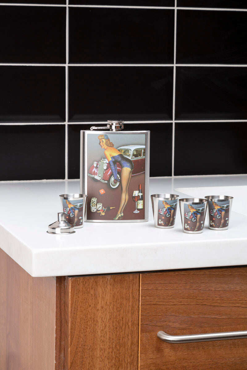 Orsina Pinup Hip Flask Set – 8oz Stainless Steel with 4 Cups & Funnel