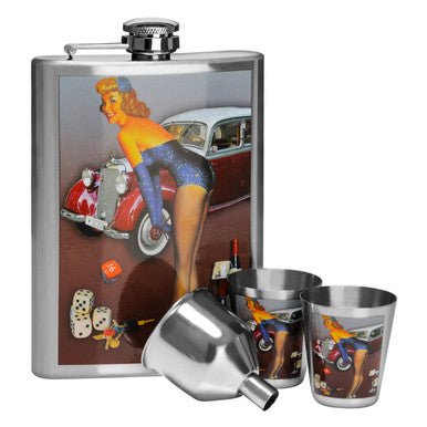 Orsina Pinup Retro Hip Flask Set - 8oz Stainless Steel with 2 Cups