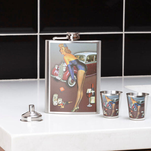 Orsina Pinup Retro Hip Flask Set - 8oz Stainless Steel with 2 Cups