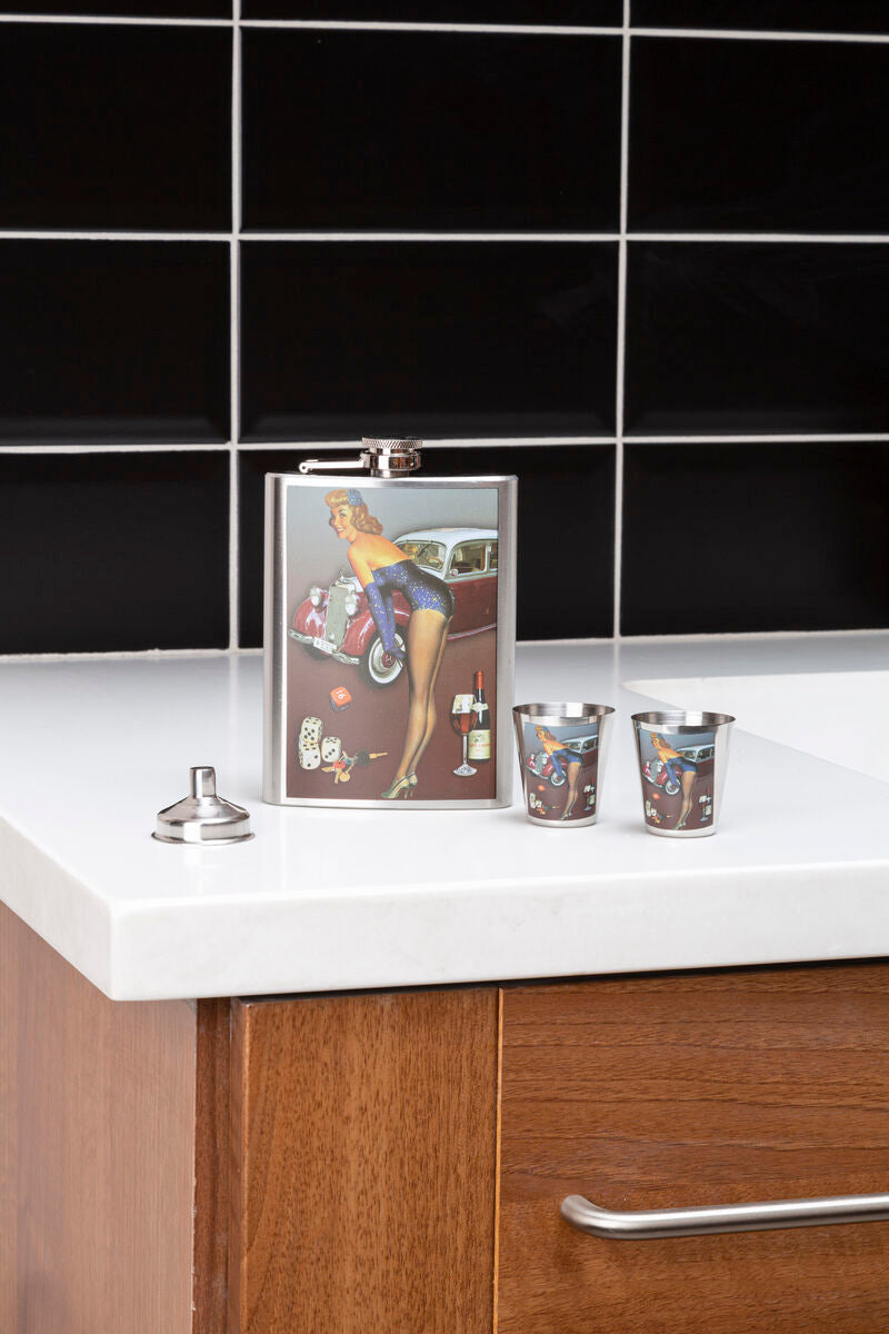 Orsina Pinup Retro Hip Flask Set - 8oz Stainless Steel with 2 Cups