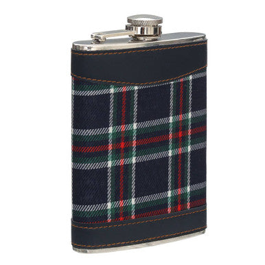 Orsina Blue Tartan Hip Flask | Stainless Steel with Leather Trim