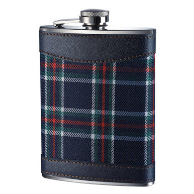 Orsina Blue Tartan Hip Flask | Stainless Steel with Leather Trim