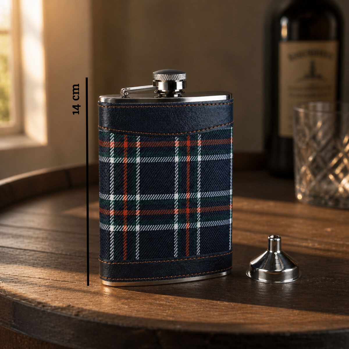 Orsina Blue Tartan Hip Flask | Stainless Steel with Leather Trim