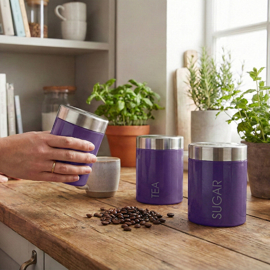 Orsina Purple Enamel Tea Coffee Sugar Set | Stainless Steel Lids