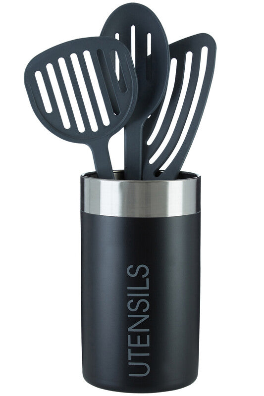 Orsina Black Enamel Utensil Holder | Stainless Steel Trim Organizer