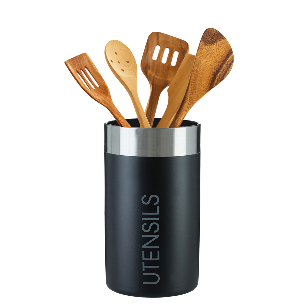 Orsina Black Enamel Utensil Holder | Stainless Steel Trim Organizer
