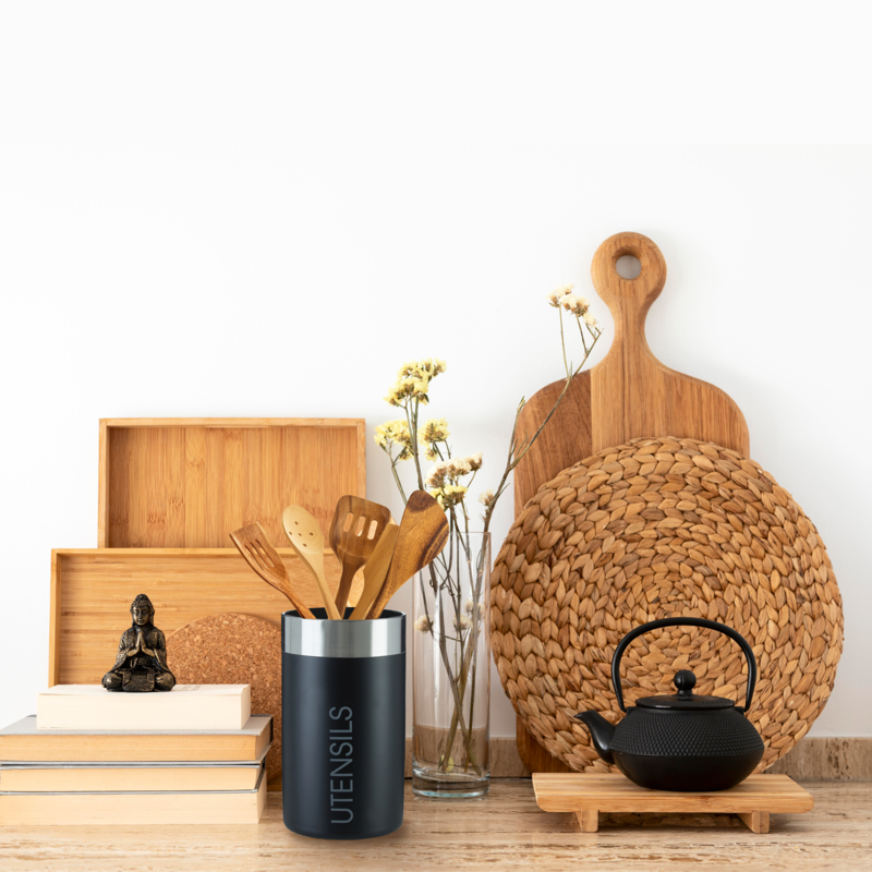 Orsina Black Enamel Utensil Holder | Stainless Steel Trim Organizer