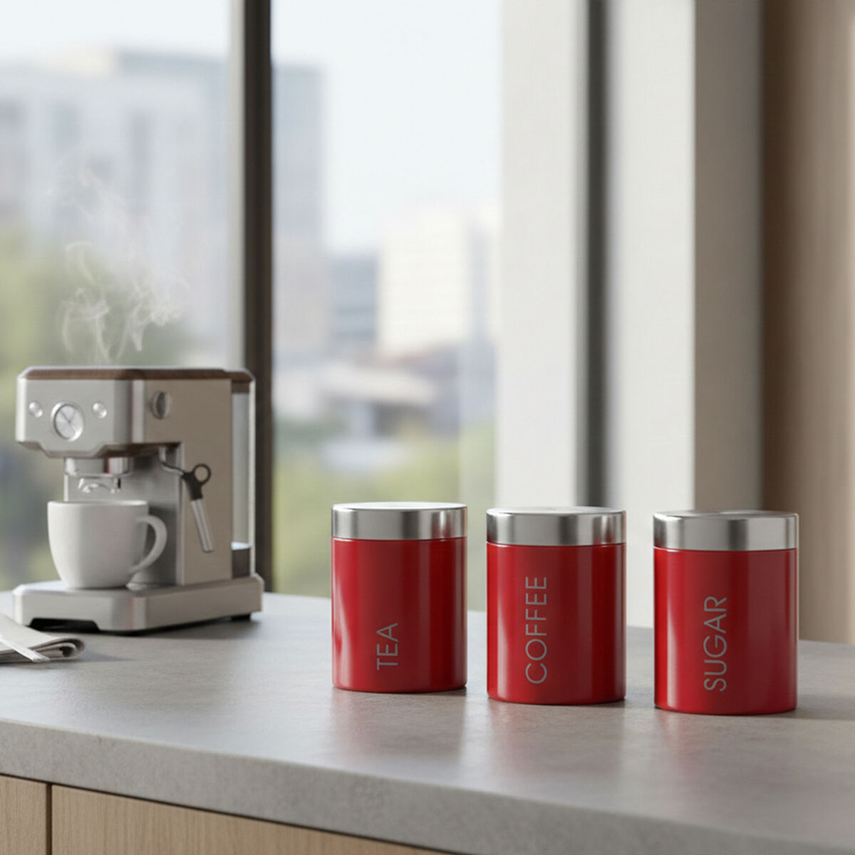Orsina Red Enamel Tea Coffee Sugar Set – Stainless Steel Canisters