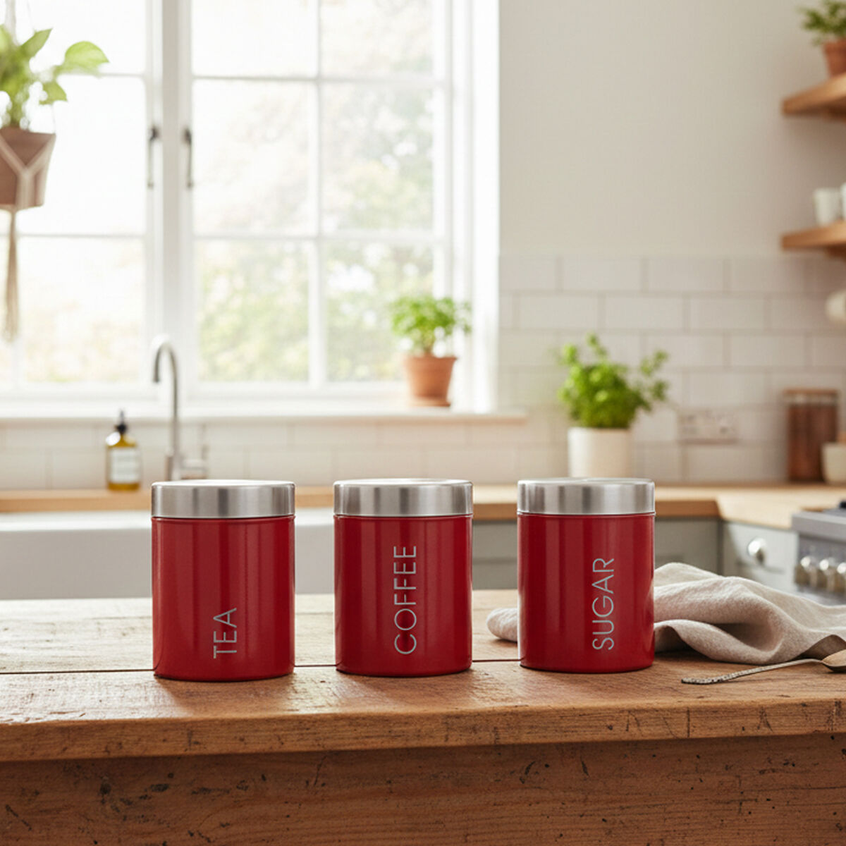 Orsina Red Enamel Tea Coffee Sugar Set – Stainless Steel Canisters