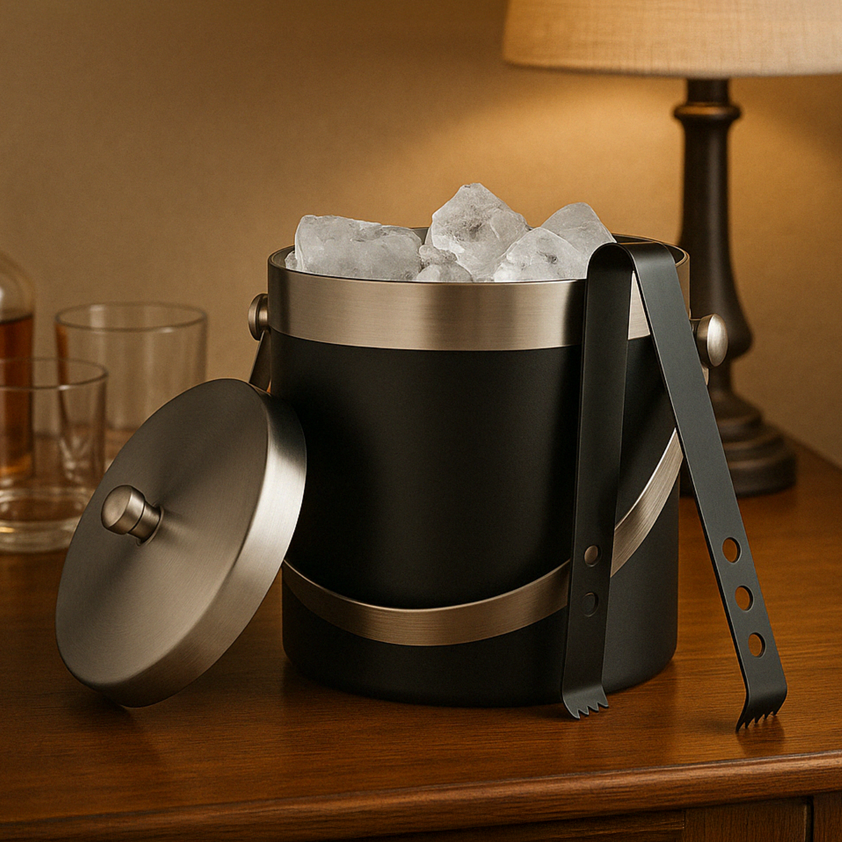 Orsina Black Enamel Ice Bucket with Tongs | Stainless Steel Barware