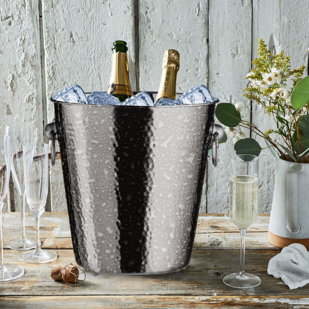 Orsina Hammered Stainless Steel Champagne Bucket | Silver Wine Cooler