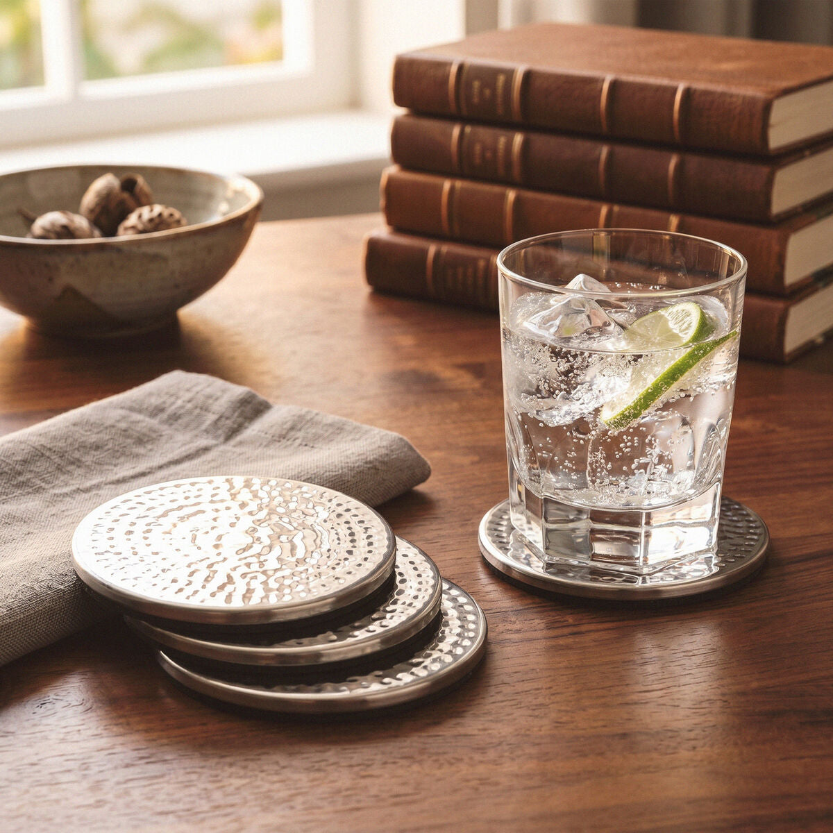 Orsina Stainless Steel Coasters – Set of 4 Hammered Metal Drinkware