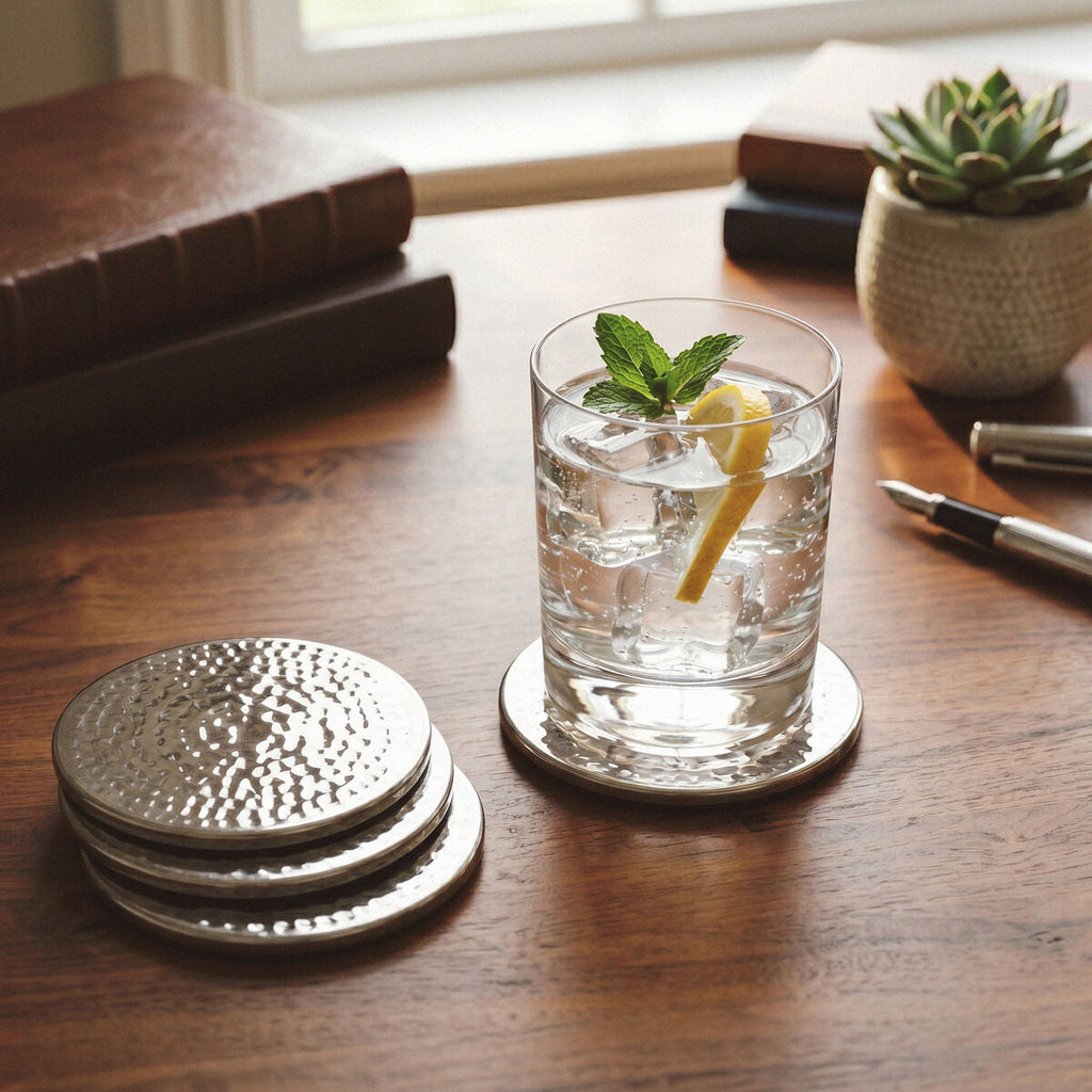 Orsina Stainless Steel Coasters – Set of 4 Hammered Metal Drinkware